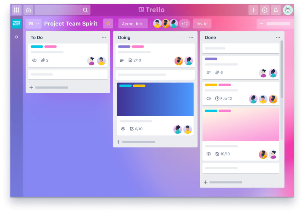 Trello board with cards arranged across to-do, in-progress, and done columns