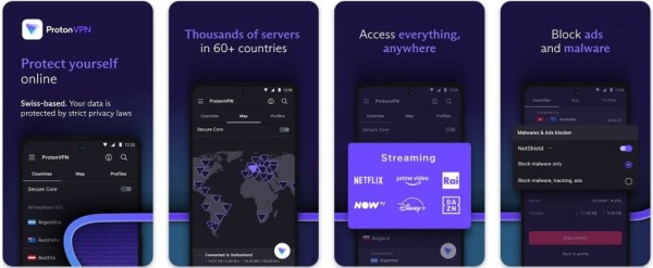 Proton VPN store listing screens: privacy tagline, server map, streaming logos and ad and malware blocker
