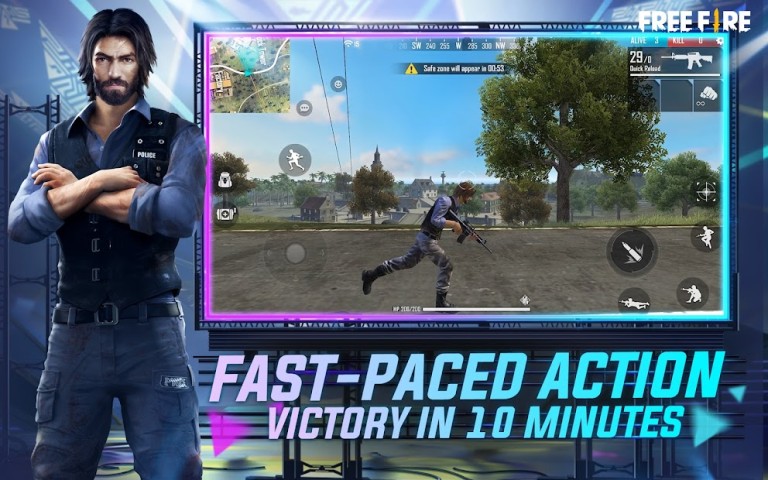 Free Fire match in progress with the on-screen skill and movement controls around the edge of the screen