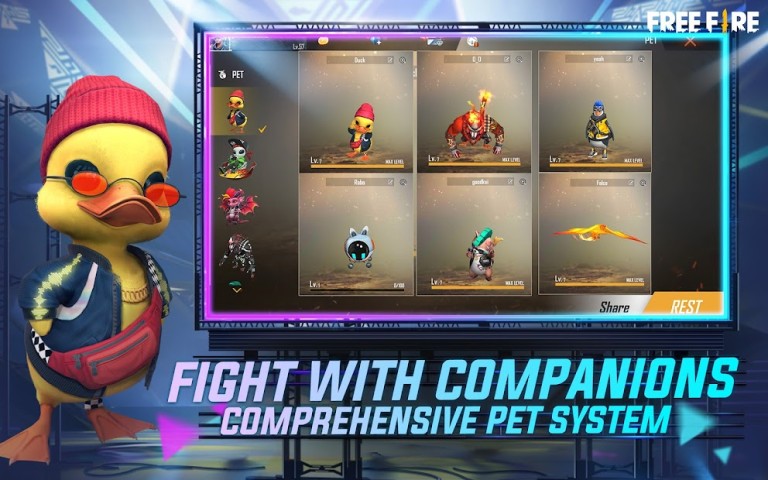 Free Fire collection screen showing owned companions with their level badges
