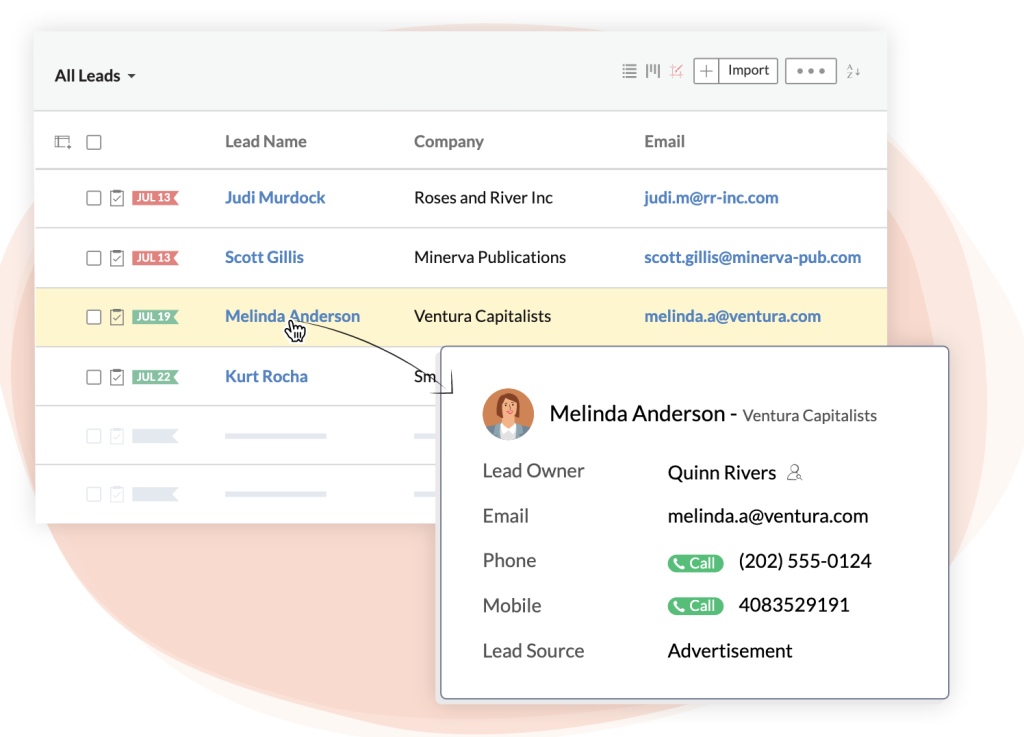 Zoho CRM dashboard showing leads, contacts, and the sales pipeline