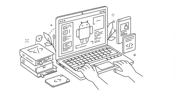 Beginner developer learning Android app development on a laptop with code on the screen