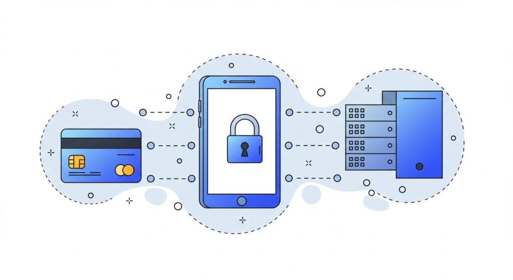Diagram of a payment card linked to a locked phone and a payment server
