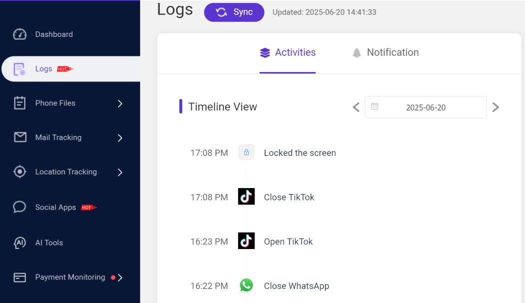 track sms, call logs, notifications, browsing history