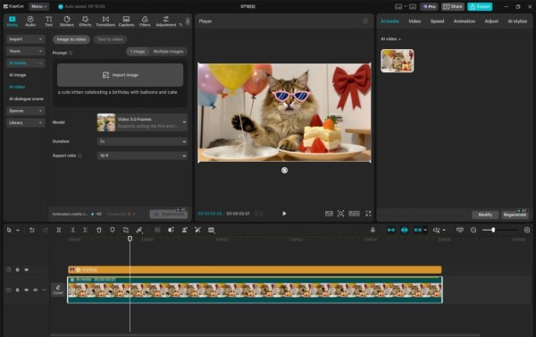 CapCut editor with an image-to-video template open on the timeline