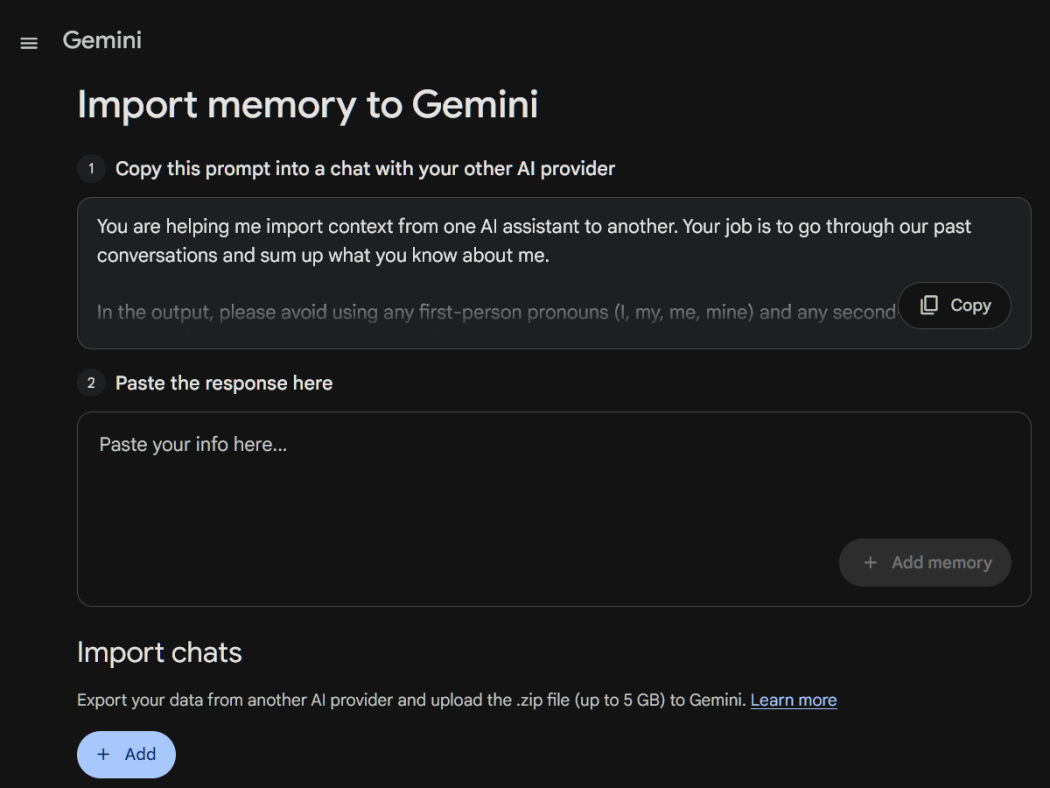 Gemini Import Chat and Memory