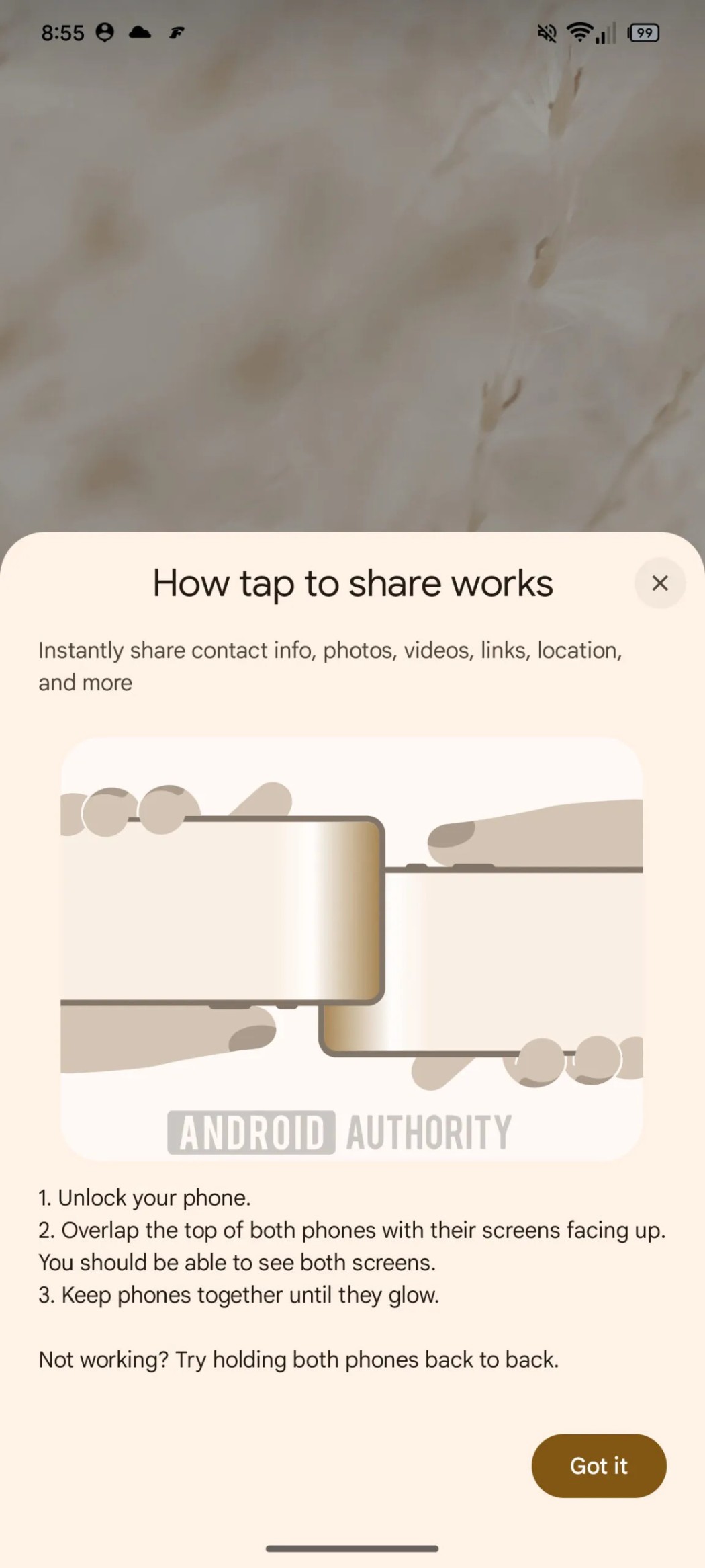Android Tap to Share feature UI