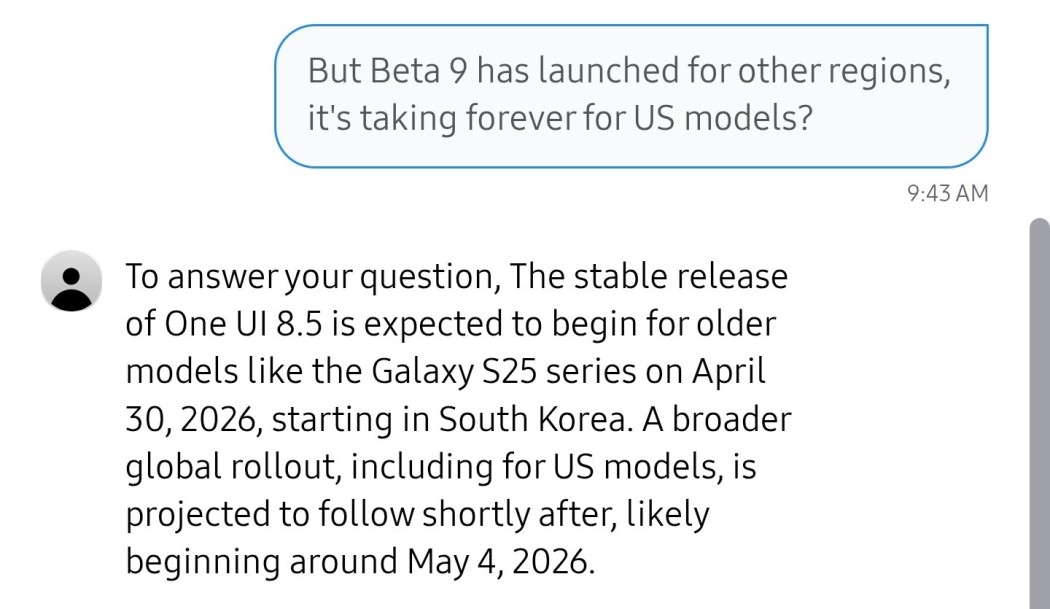 One UI 8.5 stable release date for Samsung Galaxy S25 series