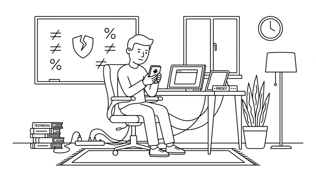 Black-and-white line illustration: a minimal Notion-style scene representing torrent proxy sites: why the security math is bad on android.