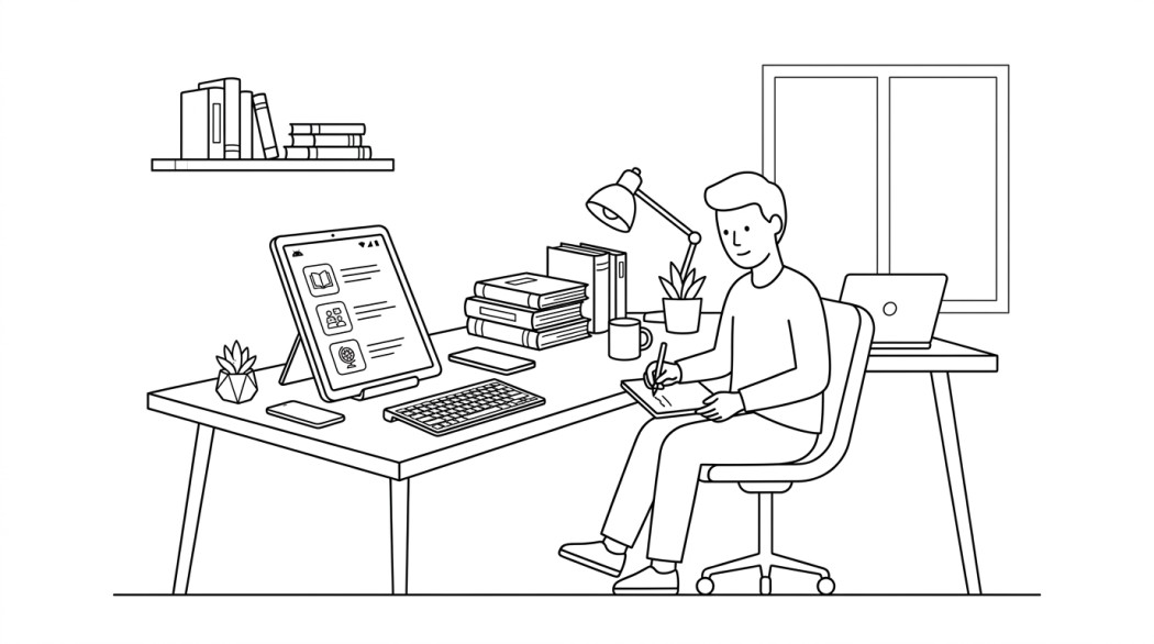 Black-and-white line illustration: a person at a desk with an Android tablet, stylus, books and a laptop, representing focused academic writing.