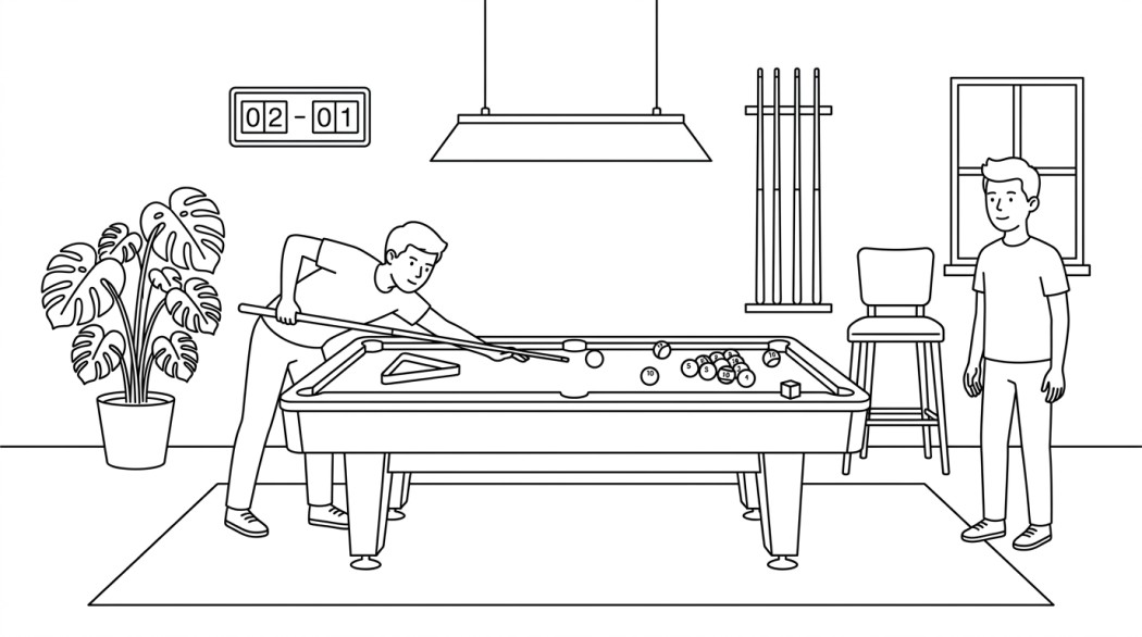 Black-and-white line illustration: a minimal Notion-style scene representing 8 ball pool tips that actually work (no cheats, no hacks, no banned tricks).