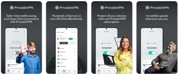 PrivadoVPN store listing screens: a disconnected phone, the server list and the connected screen
