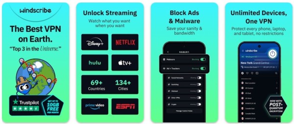 Windscribe store listing screens: streaming logos, the R.O.B.E.R.T. blocker settings and the connection screen