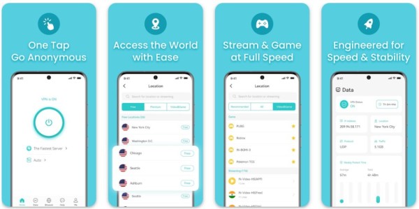 X-VPN store listing screens: one tap connect button, free location list, game servers and a usage chart