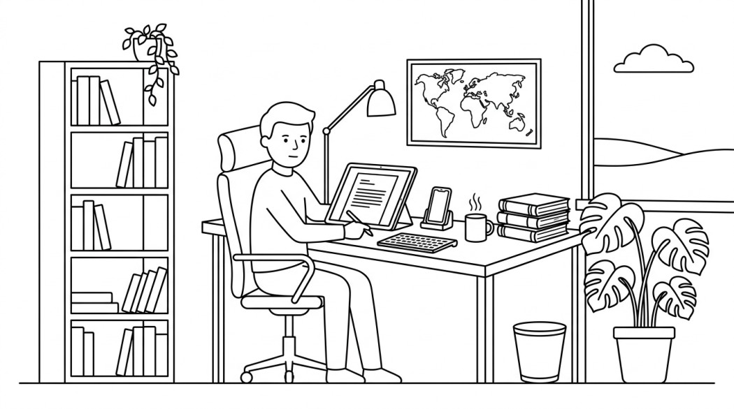 Black-and-white line illustration: a minimal Notion-style scene representing best android apps for academic writing (assignments, essays, research).