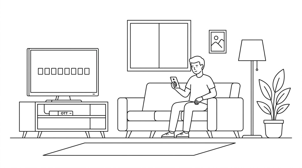 Black-and-white line illustration: a minimal Notion-style scene representing disney+ 8-digit code: how the tv link from your android phone actually works.