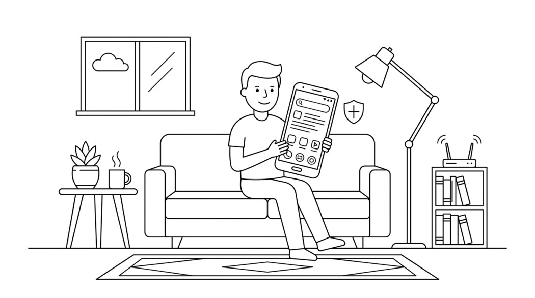 Black-and-white line illustration: a minimal Notion-style scene representing best free ad blocking solutions for android (no root required).