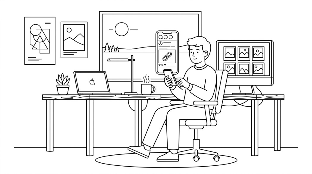 Black-and-white line illustration: a minimal Notion-style scene representing how to add a link to an instagram post or story.