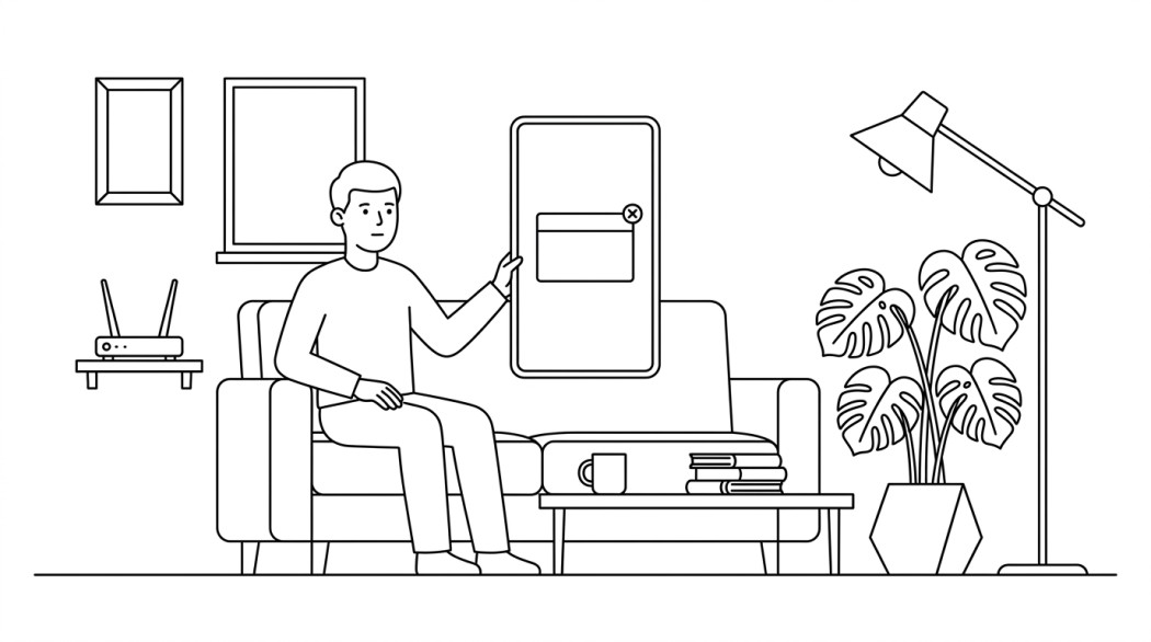 Black-and-white line illustration: a minimal Notion-style scene representing stop pop-up ads on android lock screen (real fix 2026).