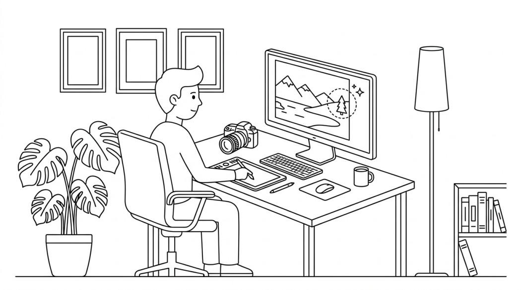 Black-and-white line illustration: a minimal Notion-style scene representing 5 best ai tools to remove objects from photos.