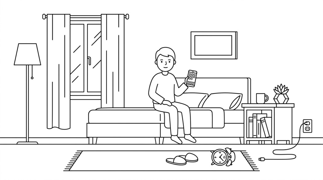 Black-and-white line illustration: a minimal Notion-style scene representing 10 best alarm clock apps for heavy sleepers on android.