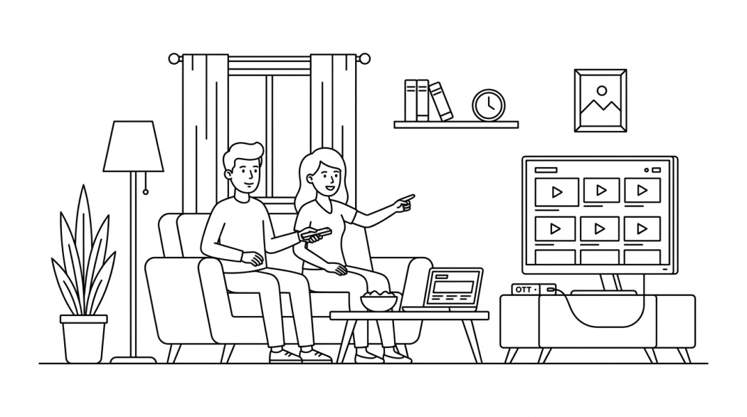 Black-and-white line illustration: a minimal Notion-style scene representing legal project free tv alternatives (free, safe tv streaming).