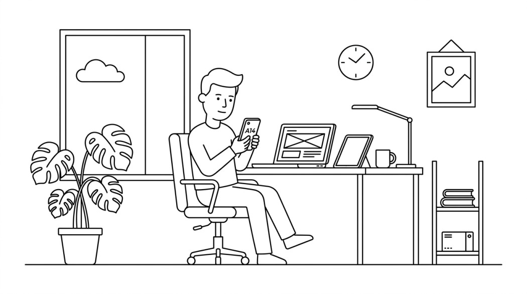 Black-and-white line illustration: a minimal Notion-style scene representing android 14: what it did right, what aged poorly,.