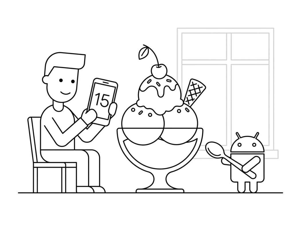 Black and white line illustration representing the android 15 codename.