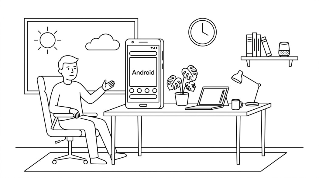 Black and white line illustration of an Android phone showing the headline Android 15 changes.