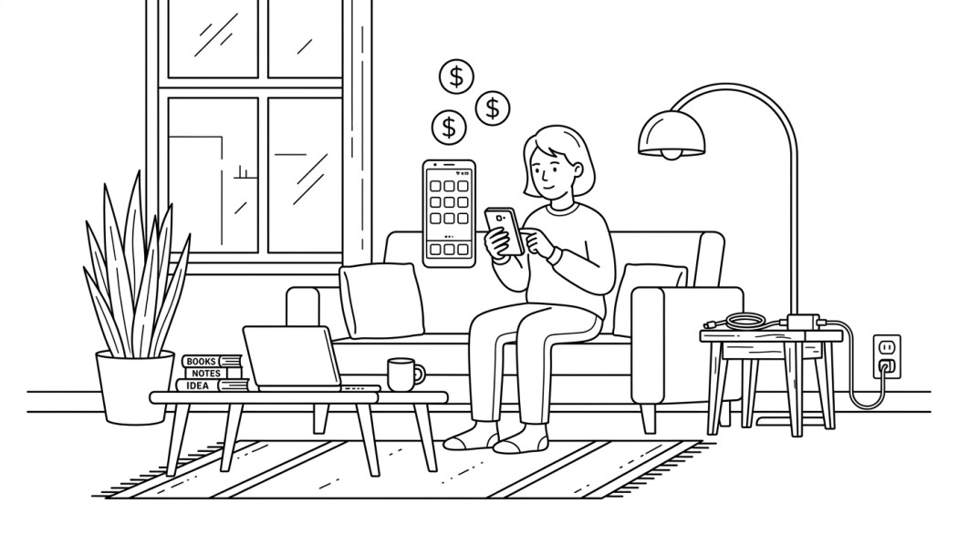 Black-and-white line illustration: a minimal Notion-style scene representing 10 legitimate apps to earn side income on android (realistic pay).