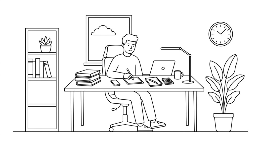 Black-and-white line illustration: a minimal Notion-style scene representing 12 best android apps for students (study, notes, time, money).