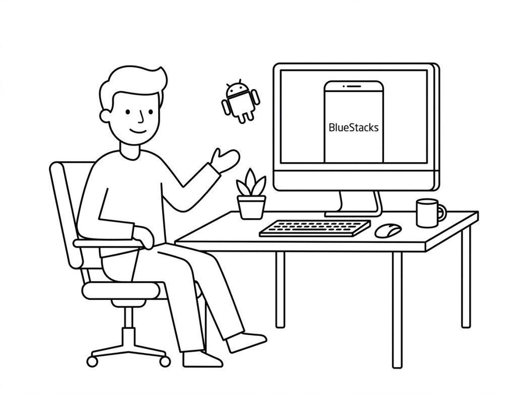 Black and white line illustration representing the pick for most people: bluestacks.