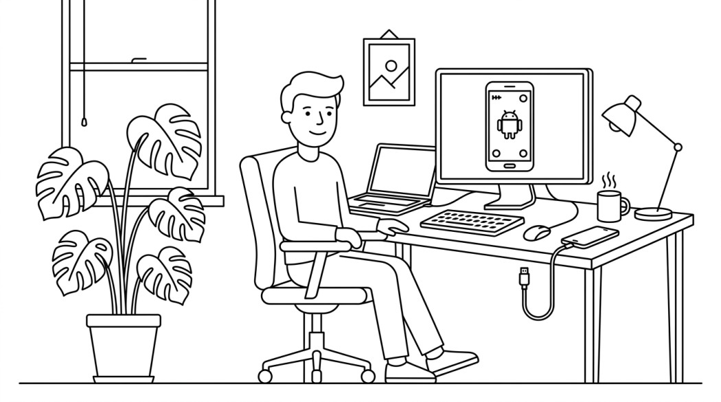 Black and white line illustration of a person at a desktop computer running Android on the screen