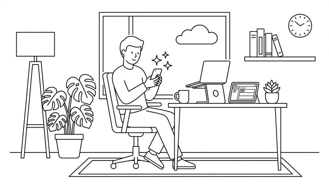 Black-and-white line illustration: a minimal Notion-style scene representing 10 best android email apps (and the ai features that set them apart).
