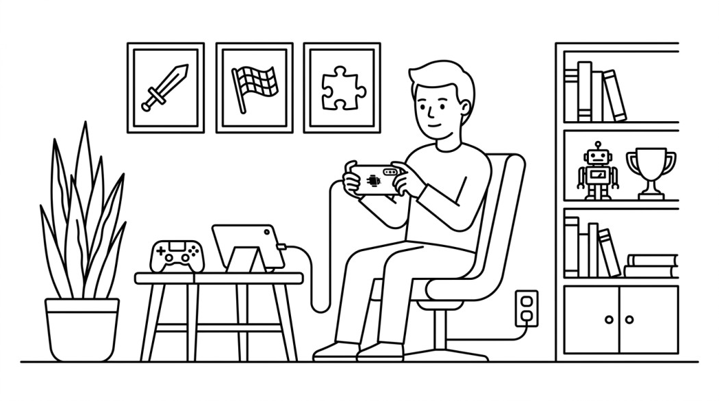 Black-and-white line illustration: a minimal Notion-style scene representing android games you should try (genre-by-genre picks).
