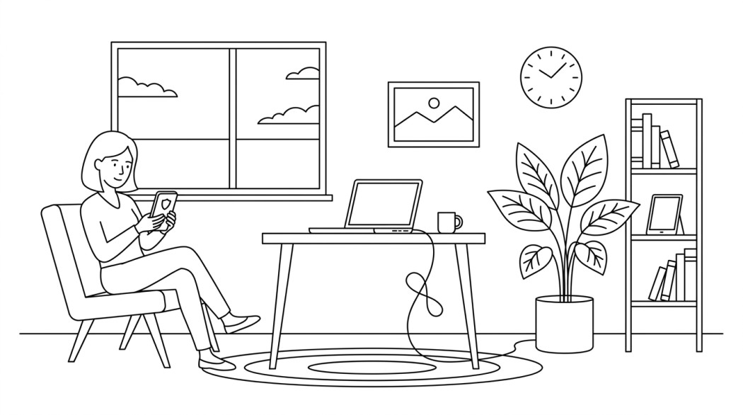 Black-and-white line illustration: a minimal Notion-style scene representing 5 best free android launchers with app hiding for privacy.