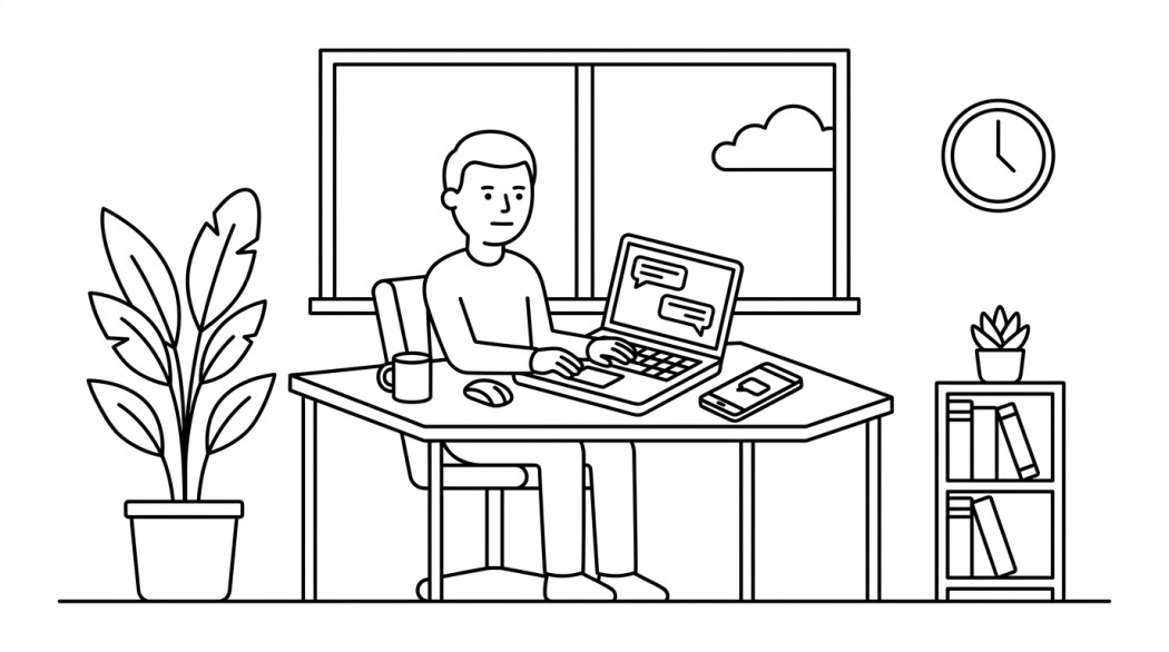 Black-and-white line illustration: a minimal Notion-style scene representing how to use android messages on the web (messages.google.com full guide).