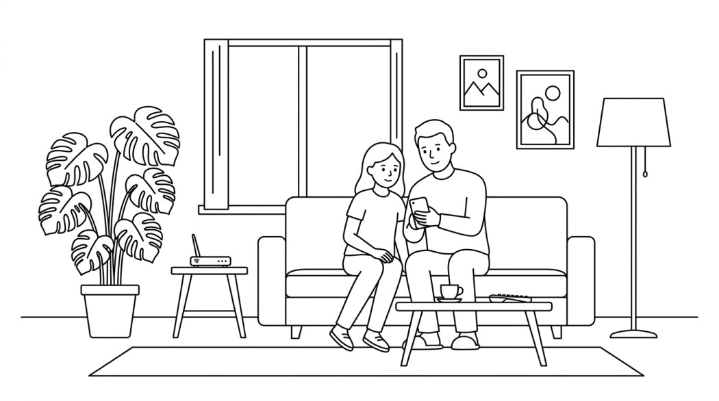Black-and-white line illustration: a minimal Notion-style scene representing family safety tools that replaced spy apps for android.