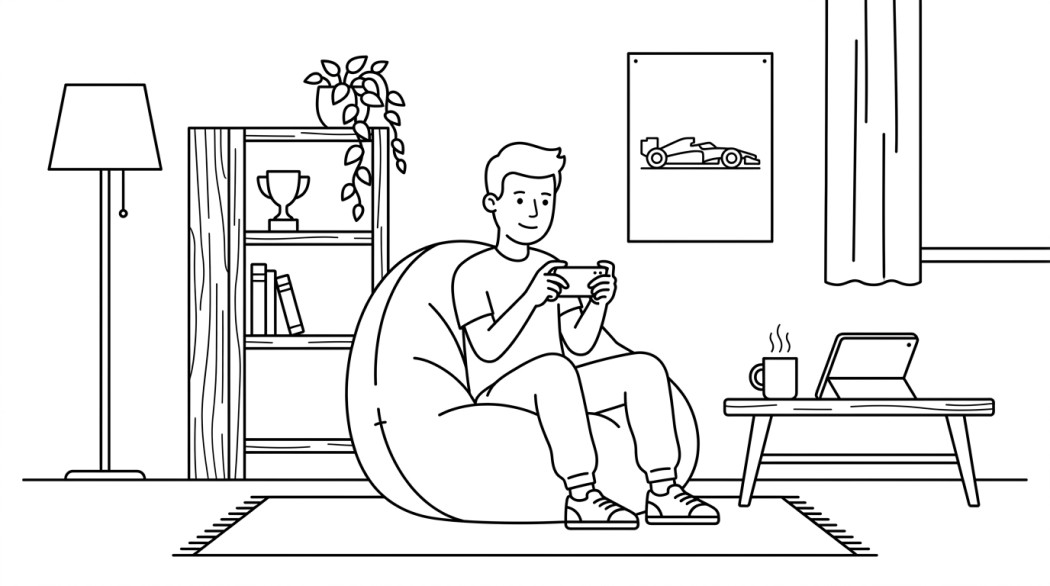 Black-and-white line illustration: a minimal Notion-style scene representing 10 best android racing games to try (arcade, sim, and free-to-play).