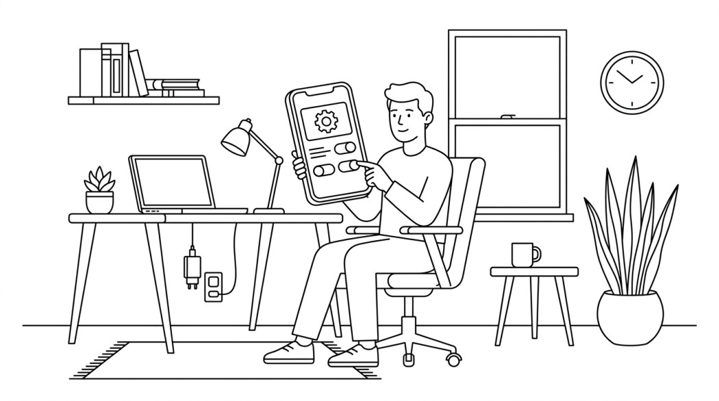 Black-and-white line illustration: a minimal Notion-style scene representing 10 android features most users never find (no root required).