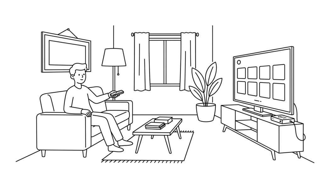 Black-and-white line illustration: a minimal Notion-style scene representing best android tv apps: 8 worth installing on any new box.