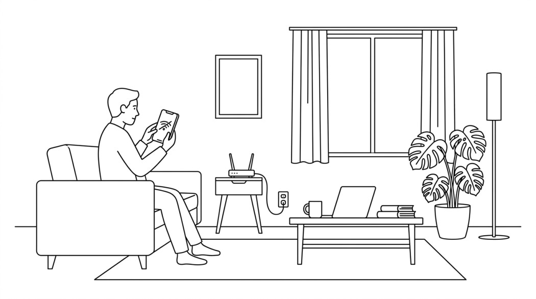 Black-and-white line illustration: a minimal Notion-style scene representing how to fix android wi-fi that keeps disconnecting.