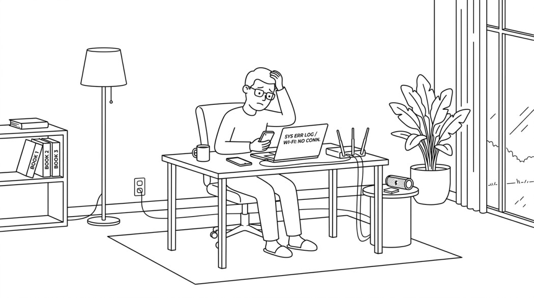 Black-and-white line illustration: a minimal Notion-style scene representing how to fix wi-fi or bluetooth that will not turn on.