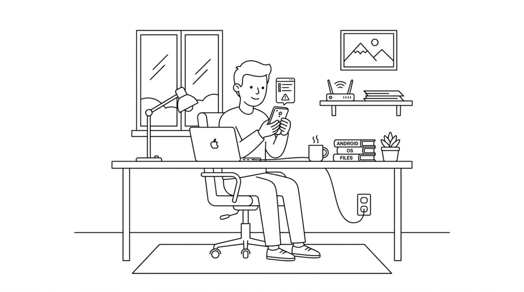 Black-and-white line illustration: a minimal Notion-style scene representing how to fix android when it will not send picture messages (mms).