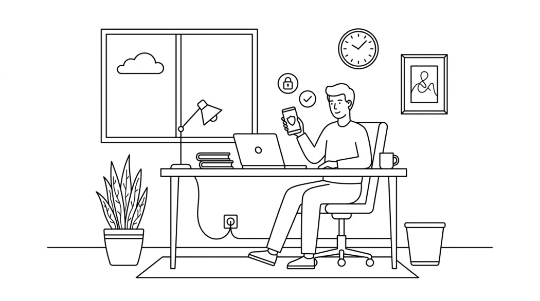 Black-and-white line illustration: a minimal Notion-style scene representing best antivirus apps for android (and why most people do not need one).