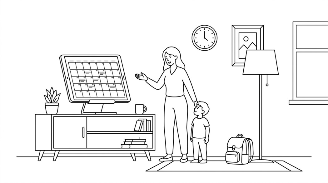 Black-and-white line illustration: a minimal Notion-style scene representing apolosign’s digital calendar: the gadget that finally gets your family on the same page.