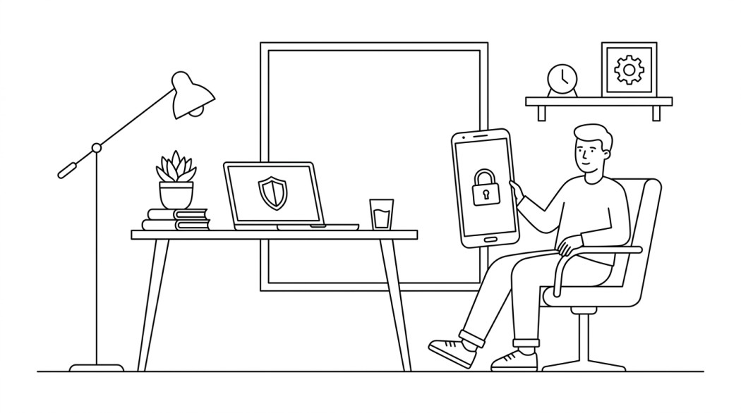 Black-and-white line illustration: a minimal Notion-style scene representing the best app locker apps for android (and the built-in alternatives).