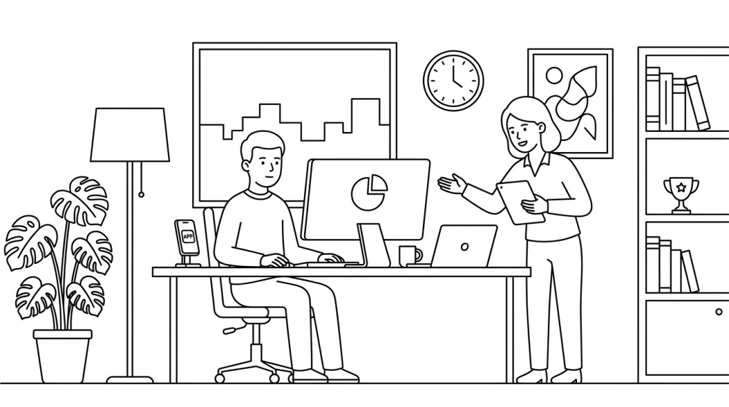 Black-and-white line illustration: a minimal Notion-style scene representing apple’s app store fee battle: where things actually stand.