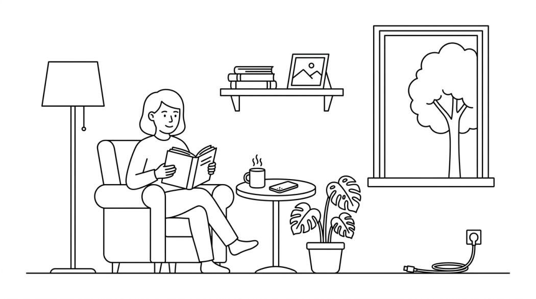 Black-and-white line illustration: a minimal Notion-style scene representing swipe less, live more: apps to beat phone addiction.