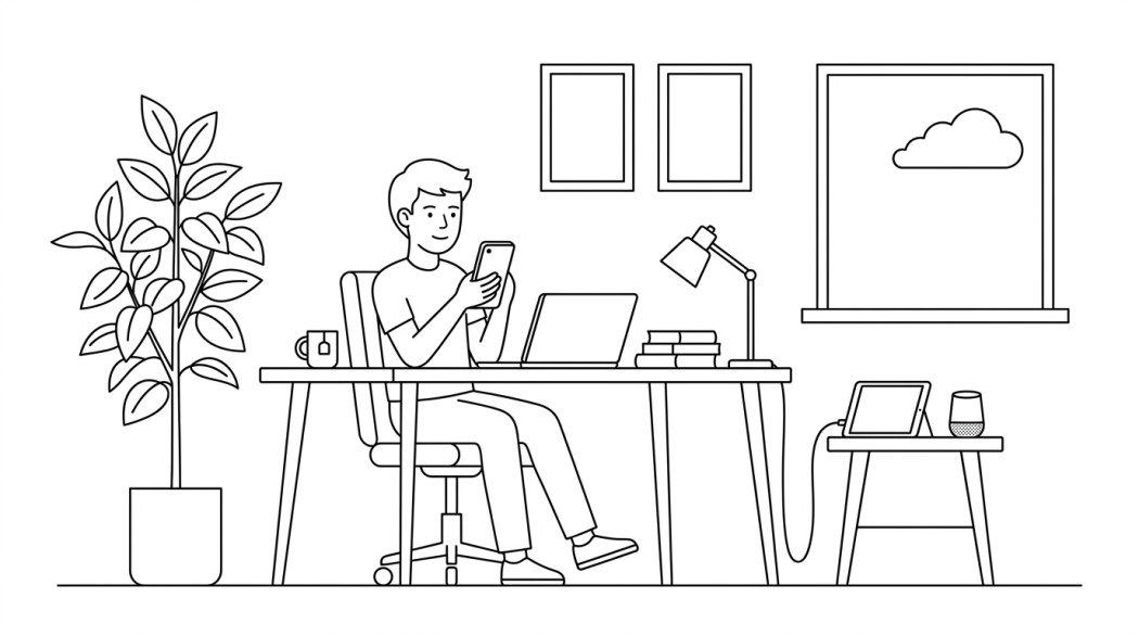 Black-and-white line illustration: a minimal Notion-style scene representing 12 must-have apps to set up on your new android phone.
